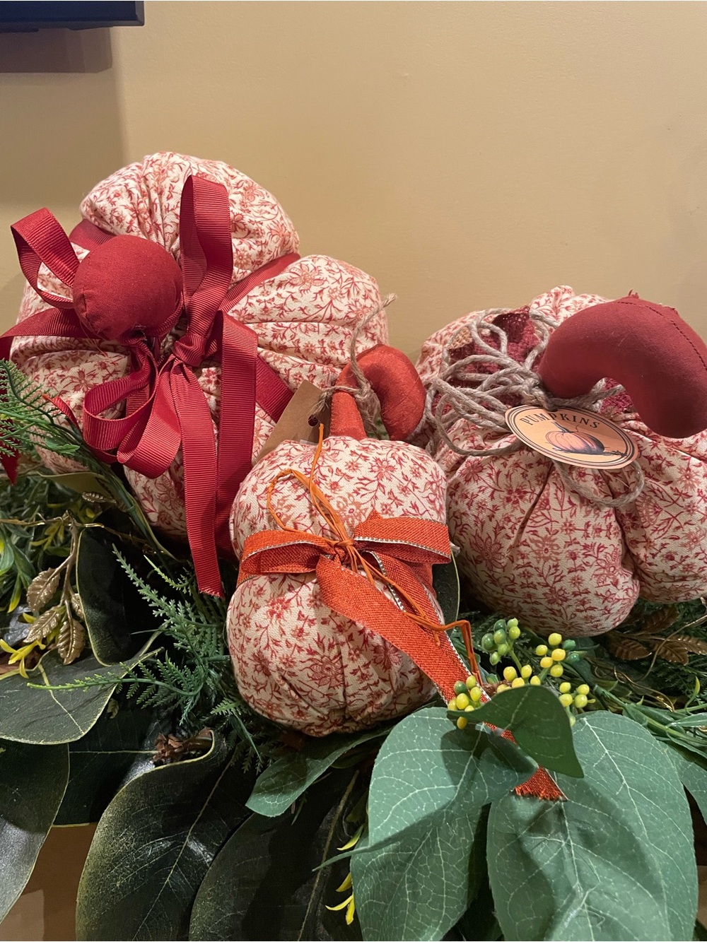 Home Holiday Fabric Pumpkin Decorative Set in small rust flower print. Handmade
